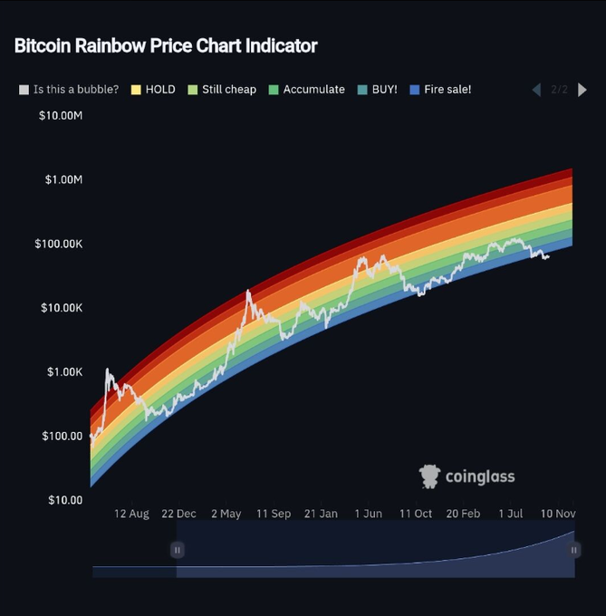 A "Bitcoin Rainbow Price Chart Indicator" from Coinglass displays BTC's price history against colored valuation bands, with the price line currently sitting deep within the blue "Fire Sale!" zone—a historically rare and extended period below the red "Is this a bubble?" and orange "HOLD" bands, supporting the post's claim that Bitcoin is trapped in its longest-ever undervalued stretch while whales accumulate.