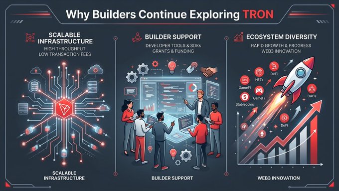 The image is an infographic titled "Why Builders Continue Exploring TRON," highlighting three pillars—Scalable Infrastructure (high throughput, low transaction fees), Builder Support (developer tools, SDKs, grants & funding), and Ecosystem Diversity (rapid growth, DeFi, NFTs, GameFi, Web3 innovation)—with a TRON-branded rocket ascending over a growth chart, visually reinforcing the post's message that TRON attracts developers through its expanding network, supportive environment, and long-term growth opportunities.