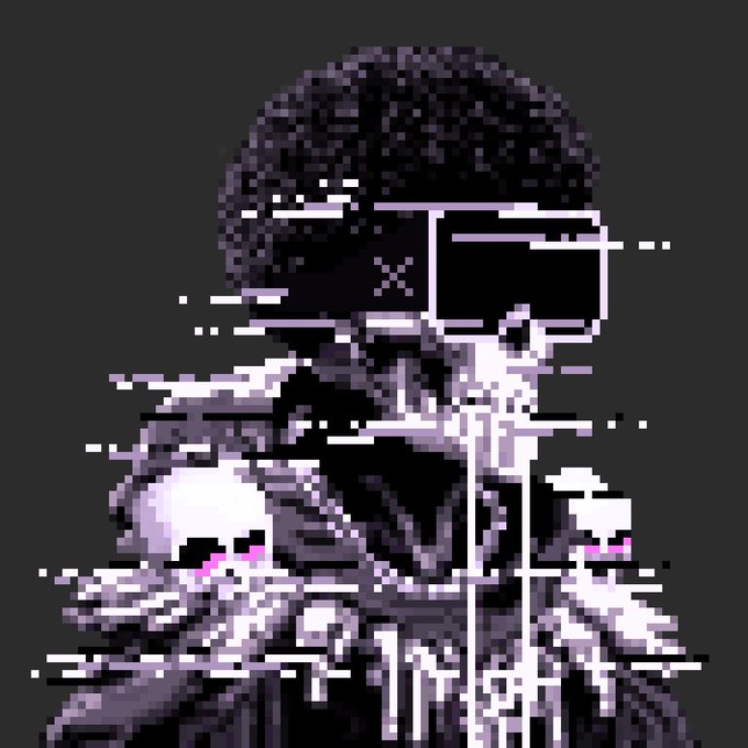 A dark, glitchy pixel art illustration of a skeletal or cyborg figure with empty black eyes against a grey background, featuring distorted visual artifacts.