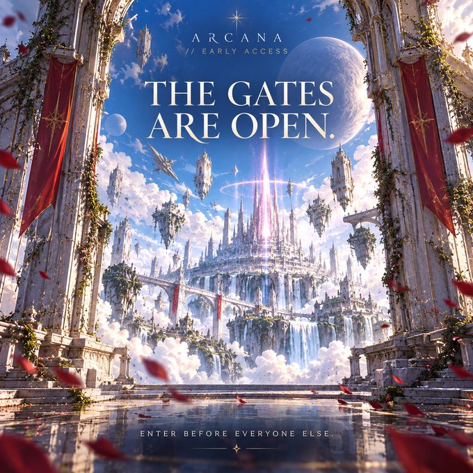 A fantasy promotional poster for 'ARCANA // EARLY ACCESS' reading 'THE GATES ARE OPEN' and 'ENTER BEFORE EVERYONE ELSE,' featuring a majestic floating castle and waterfalls.