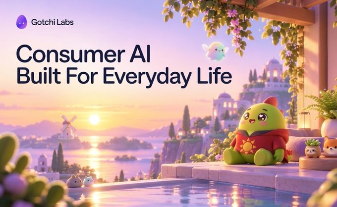 Marketing banner for "Gotchi Labs" featuring a cute green mascot character and the text "Consumer AI Built For Everyday Life" set against a picturesque sunset seascape.