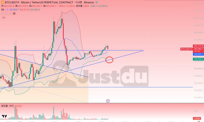 A cryptocurrency trading chart for BTCUSDT.P on Binance showing a 1-hour perpetual contract with a price of $85,084.94 (+0.45%), featuring candlestick patterns, Bollinger Bands, moving averages, and an "USTD" watermark, currently showing a bearish signal.