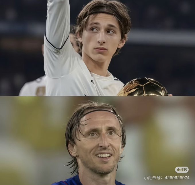 A side-by-side comparison of two football players: a young Luka Modrić holding a Ballon d'Or trophy on top, and an older Luka Modrić on the bottom.