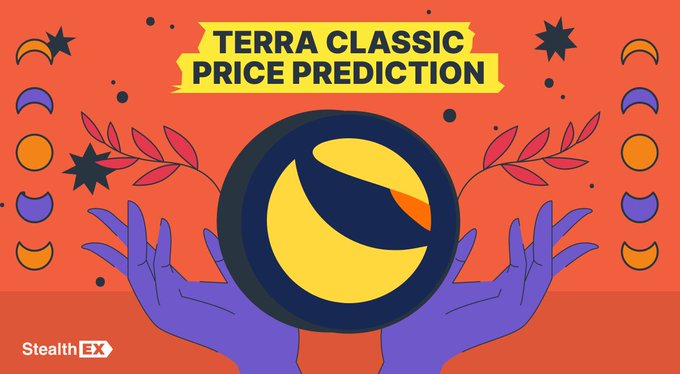 This image depicts a "Terra Classic Price Prediction" with the StealthEX logo, likely related to the accompanying post's hopes of the #LUNC token reaching $1.
