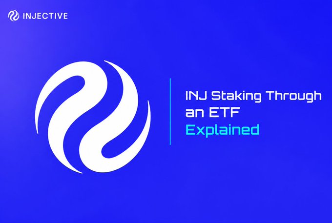 Blue graphic with the white INJECTIVE logo and the title “INJ Staking Through an ETF Explained.”