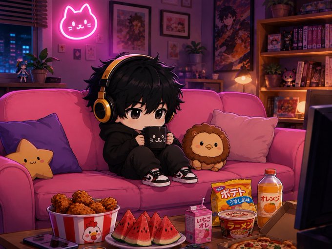 An anime-style chibi boy with black hair and yellow headphones sits on a pink couch holding a mug, surrounded by snacks like chicken, watermelon, chips, and a juice bottle in a neon-lit room.