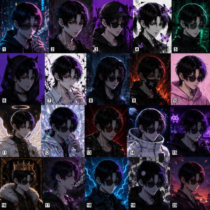 Grid of 20 numbered anime-style character portraits featuring a dark-haired male character with sunglasses in various themed designs including cyberpunk, angel, devil, astronaut, and royal aesthetics.