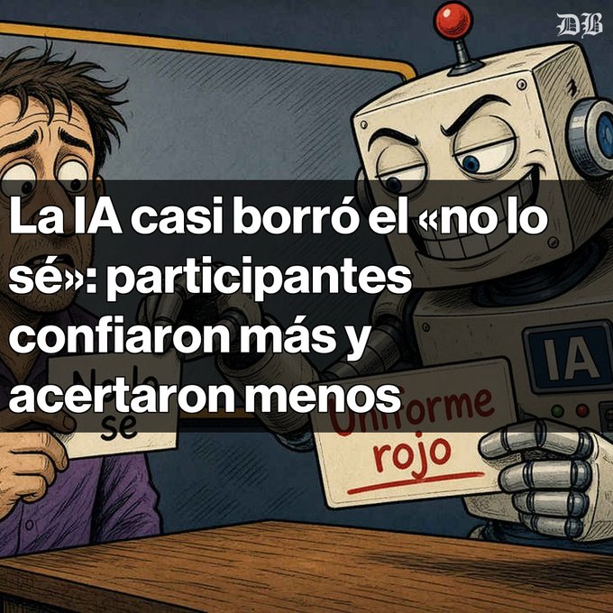 An illustration depicts a nervous human holding a 'No lo sé' (I don't know) sign across from a smirking AI robot holding a 'Uniforme rojo' (Red uniform) sign, with Spanish text about AI participants trusting more but guessing less.