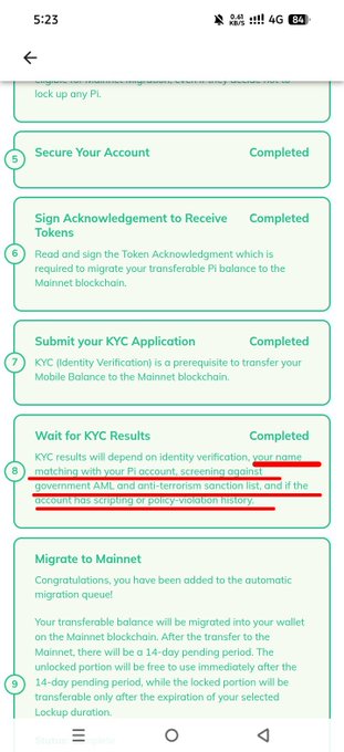 A mobile screen shows a Pi Network migration checklist with completed steps including 'Secure Your Account', 'Sign Acknowledgement to Receive Tokens', and 'Submit your KYC Application', with a red underline highlighting text about AML and anti-terrorism screening.