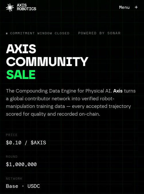 An AXIS ROBOTICS website screenshot for an 'AXIS COMMUNITY SALE' showing a price of $0.10 per $AXIS, a round of $1,000,000, on the Base network with USDC.