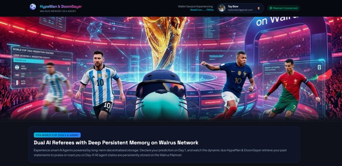 The image features a website with a soccer game theme, showcasing four soccer players from different teams against each other. The text on the website reads "Dual AI references with persistent memory on Walrus Network" which suggests that the website uses an AI system for its content creation and management.
