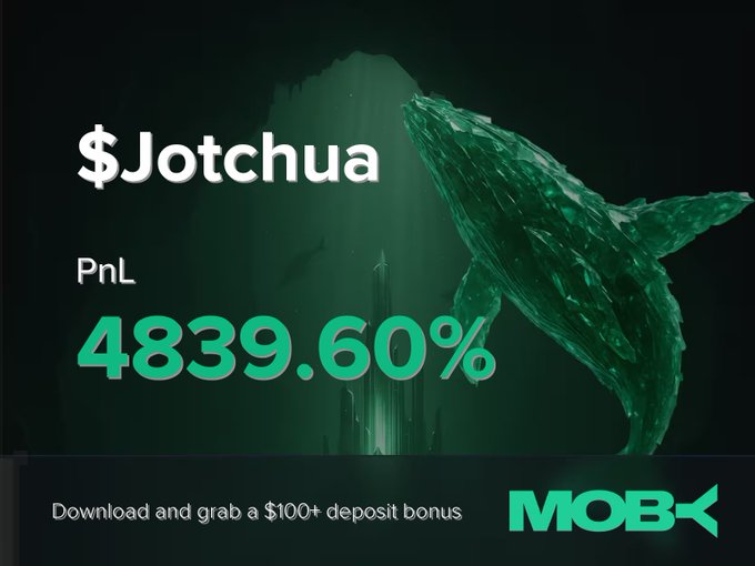 A promotional graphic featuring a green whale illustration in an underwater scene, highlighting trader "$Jotchua" with a PnL of +4839.60%, accompanied by a Moby app advertisement offering a $100+ deposit bonus.