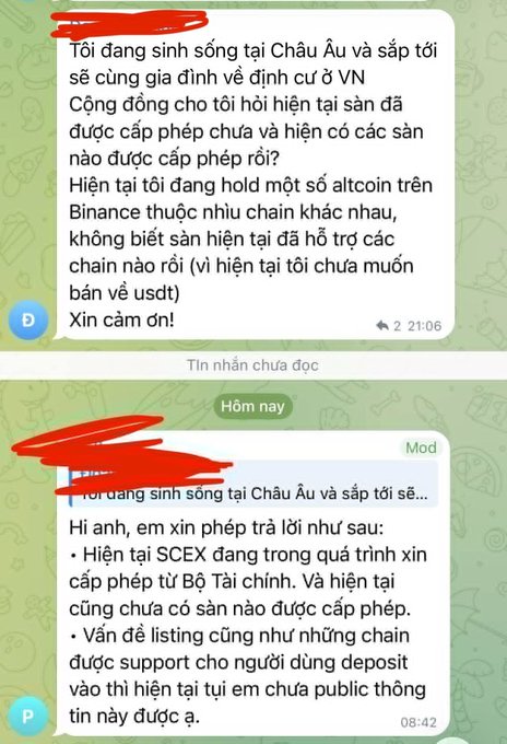 Vietnamese Telegram chat screenshots discussing SCEX licensing status in Vietnam and Binance altcoin support, from a user living in Europe returning to Vietnam.