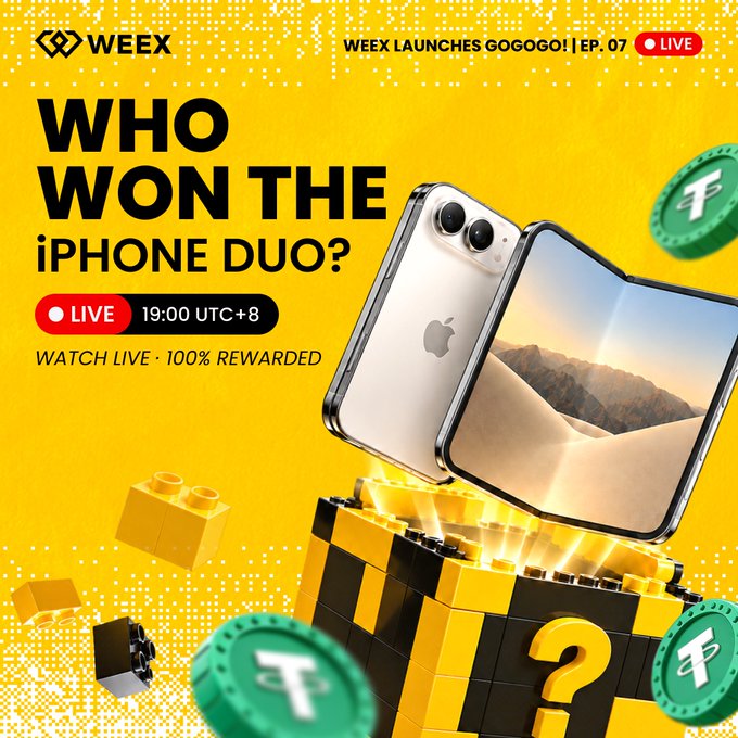 A vibrant yellow promotional graphic for WEEX's "GOGOGO! EP. 07" live stream features two iPhones emerging from a treasure chest alongside USDT coins, with bold text announcing "WHO WON THE iPHONE DUO?" and details that viewers can watch the 19:00 UTC+8 live broadcast on September 29 to win prizes including an iPhone Duo, Apple Watch, AirPods, and a 1,000 USDT drop by sharing their UID in chat.