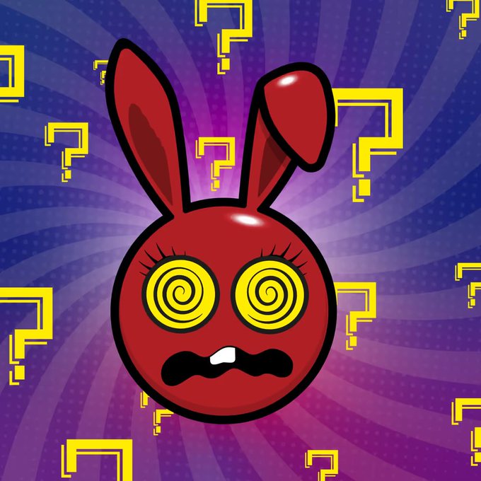 A red cartoon bunny face with swirly yellow spiral eyes and a worried mouth, set against a purple sunburst background covered in yellow question marks.