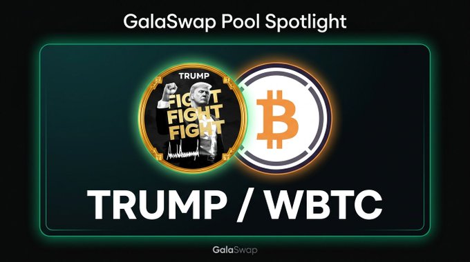 The image is a promotional graphic titled "GalaSwap Pool Spotlight" featuring two circular icons—one displaying "TRUMP FIGHT FIGHT" with an illustration of Donald Trump, and the other showing the Bitcoin logo. Below the icons, bold text reads "TRUMP / WBTC," highlighting the featured trading pair with the GalaSwap logo at the bottom, matching the spotlight on the GTRUMP/GWBTC pool.