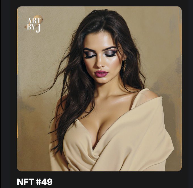 A digital painting of a glamorous woman with long dark wavy hair, dramatic eye makeup, and a beige off-shoulder dress, labeled 'ART BY J' in the top left and 'NFT #49' at the bottom.