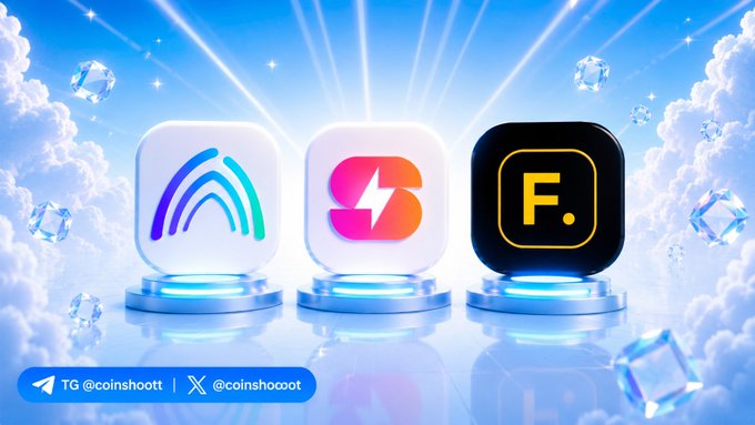 A promotional graphic featuring three stylized app icons on pedestals against a sky background with clouds and floating diamonds, displaying logos and the handle @coinshooot with a Telegram link.
