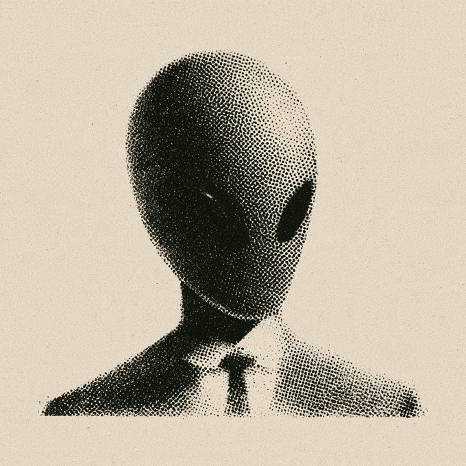 A halftone-style illustration depicts a shadowy, faceless humanoid figure wearing a suit and tie, evoking a mysterious or anonymous "crypto insider." The image complements the post's theme of clandestine financial activity and rising AI-crypto market activity, with the suit suggesting institutional involvement.
