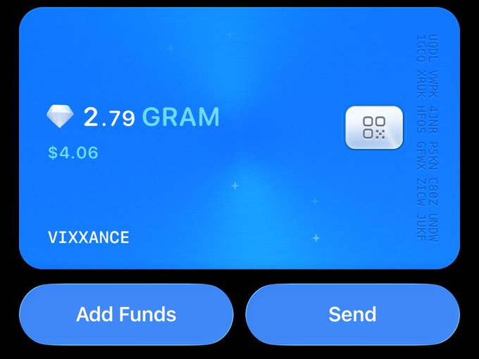 A digital wallet interface shows a balance of '2.79 GRAM' valued at '$4.06' on a blue background, with buttons for 'Add Funds' and 'Send' beneath the username 'VIXXANCE'.