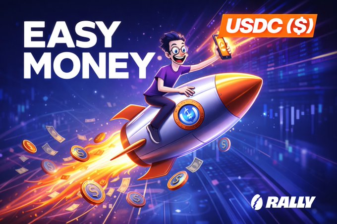 The image features a man riding a rocket ship through space while holding a cell phone, with the text "Easy Money" written above him. The background of the image shows a city skyline, indicating that they are promoting an online currency or cryptocurrency platform called USDC (United States Dollar Coin). The post is sponsored by @RallyOnChain and encourages users to participate in the campaign for easy money.