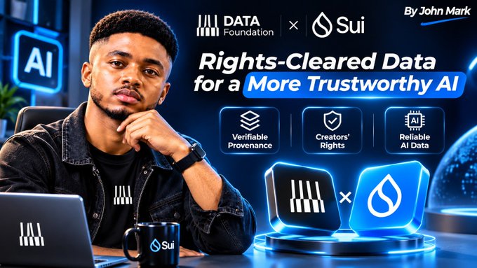 A promotional graphic for Data Foundation and Sui, titled “Rights-Cleared Data for a More Trustworthy AI,” shows a man beside AI-themed graphics and three badges labeled “Verifiable Provenance,” “Creators’ Rights,” and “Reliable AI Data.” It visually reinforces the accompanying post’s argument that combining Data Foundation with Sui supports AI built on accessible, rights-cleared, and verifiable data.