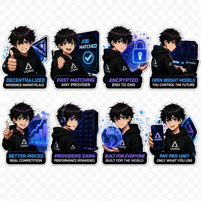 A set of eight anime-style character stickers featuring a dark-haired male character wearing a black 'VORG' hoodie, advertising features like 'Decentralized Inference Marketplace', 'Fast Matching Any Provider', 'Encrypted End to End', 'Open Weight Models', 'Better Prices Real Competition', 'Providers Earn Performance Rewarded', 'Built for Everyone Built for the World', and 'Pay Per Unit Only What You Use'.
