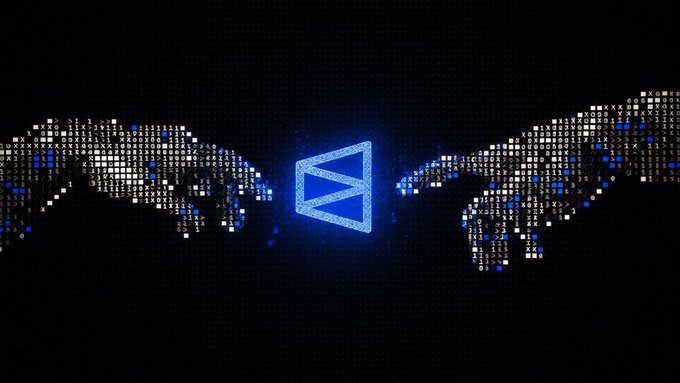 Pixel art illustration of two hands reaching toward each other to form a triangular shape in the center, illuminated in blue against a black background.