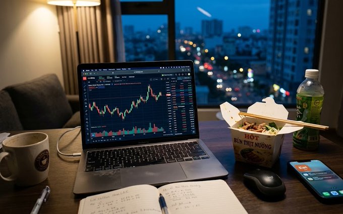 A laptop on a desk displays a financial chart, surrounded by a notebook, pen, coffee mug, takeout box, water bottle, and smartphone, with a city view in the background.