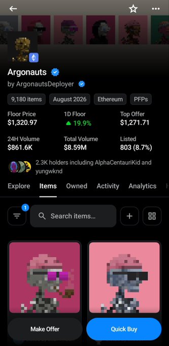 A screenshot from a mobile app showing the 'Argonauts' NFT collection by ArgonautsDeployer on Ethereum, with floor price data showing $1,320.99 and 9,180 items.