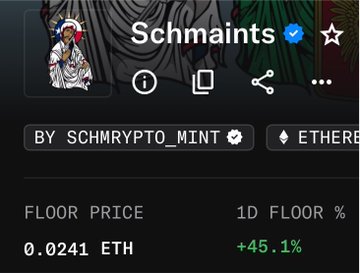 An NFT listing interface for 'Schmaints' by schmrypto_mint on Ethereum, showing a floor price of 0.0241 ETH and a +45.1% 1D floor increase.