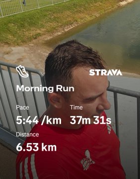 A Strava activity screenshot showing a 'Morning Run' by a male athlete in a red shirt, with pace 5:44/km, time 37m 31s, and distance 6.53 km recorded near a waterfront.