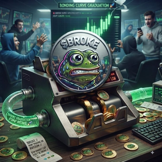 Humorous digital illustration of a "$BROKE" coin featuring a sad Pepe the Frog face inside a machine, with people in the background reacting to falling financial charts.