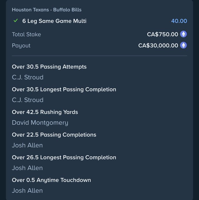 A sports betting slip for a 6-leg Same Game Multi on the Houston Texans vs. Buffalo Bills, with a C$750.00 total stake and a potential C$30,000.00 payout, shown with a checkmark indicating it won. The bet includes over/under player props for C.J. Stroud, David Montgomery, and Josh Allen, supporting the post's celebration of a successful $750-to-$30,000 NFL parlay.