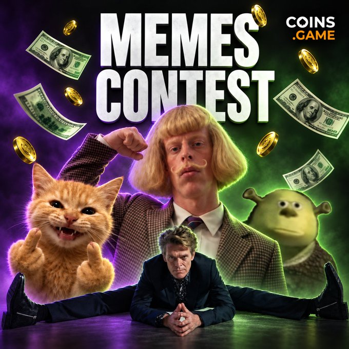 A promotional graphic for a 'MEMES CONTEST' by 'COINS.GAME' featuring a man in a blonde wig, a surprised orange cat, a Shrek-like character, falling gold coins and dollar bills, and another man doing a split below.