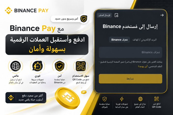 The image is an Arabic-language advertisement for Binance Pay, promoting its ability to send and receive digital payments easily across borders. It highlights features like global reach, zero fees, secure transactions, and QR code payments, alongside a screenshot of the app's user interface showing options to send money to Binance users or via email/phone.