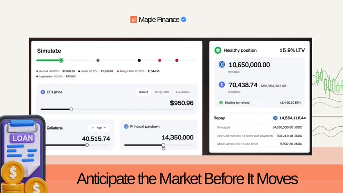 The focus of this image is an infographic or poster from Maple Finance, which showcases their new additions to the Borrower Hub - Transactions, Statements, and the LTV Calculator. The LTV Calculator stands out as a particularly noteworthy feature, as it enables borrowers to stress-test their positions before market conditions change using historical data on interest rates. This can provide valuable insights into how different financial scenarios might affect their ability to pay back a loan or other financial commitments, helping them make informed decisions about their borrowing strategies.