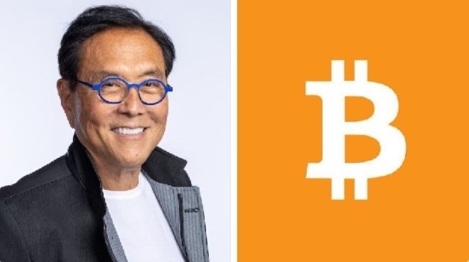 Robert Kiyosaki, known for "Rich Dad Poor Dad," smiles while wearing blue glasses beside the Bitcoin logo, visually representing his continued advocacy for Bitcoin in alignment with the article's message about his endorsement of Michael Saylor's bullish long-term price outlook for the cryptocurrency.