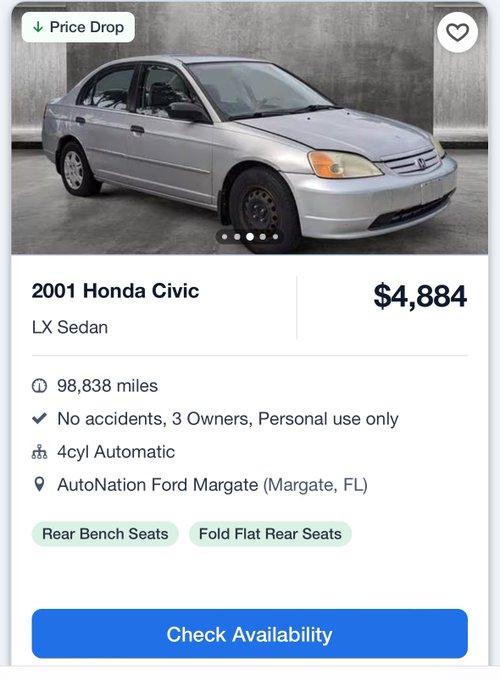 A car listing shows a silver 2001 Honda Civic LX Sedan priced at $4,884 with 98,838 miles from AutoNation Ford Margate, featuring a 'Price Drop' tag and a 'Check Availability' button.