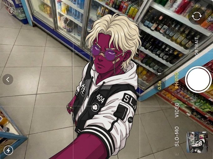A phone camera viewfinder frames an anime-style character with blonde hair, purple sunglasses, and pink skin wearing a black and white jacket marked '404', standing in what appears to be a convenience store.