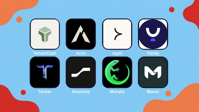 A graphic showing eight app icons with labels: TensorCash, Arco, reyel, Yield, Tocker, Aventive, Muralis, and Manci on a blue and orange background.