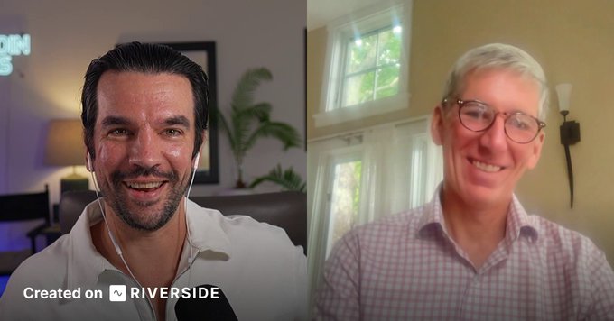 The image shows a split-screen video call on the Riverside platform featuring two smiling men—one dark-haired in a white shirt on the left, and a gray-haired man with glasses in a pink checkered shirt on the right—representing the recent conversation between the poster and Matt Hougan of Bitwise, whose insights highlighted how institutional investors' priorities differ from topics trending on social media.