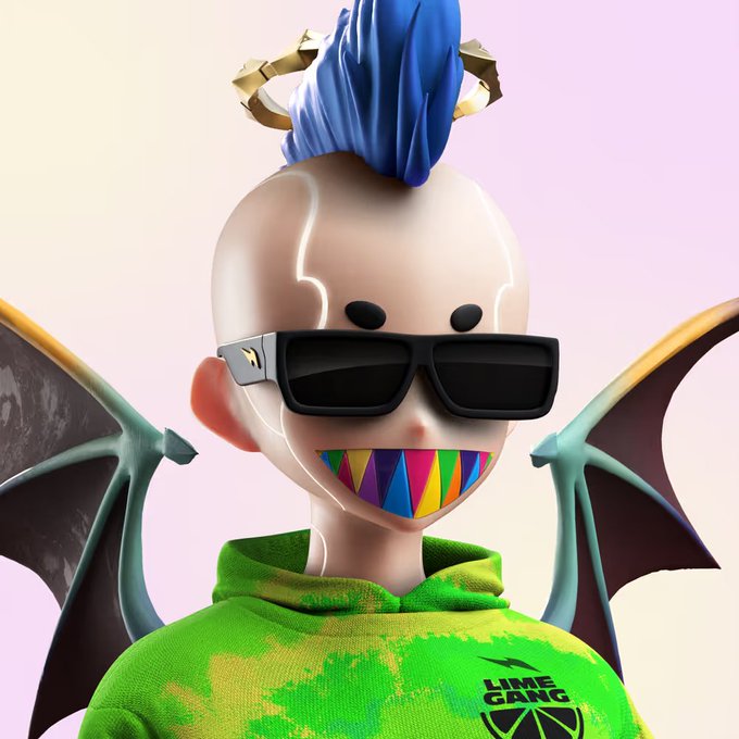A 3D-rendered character with a blue mohawk, black sunglasses, bat wings, a rainbow-colored mouth, and a green hoodie featuring the text 'LIME GANG'.