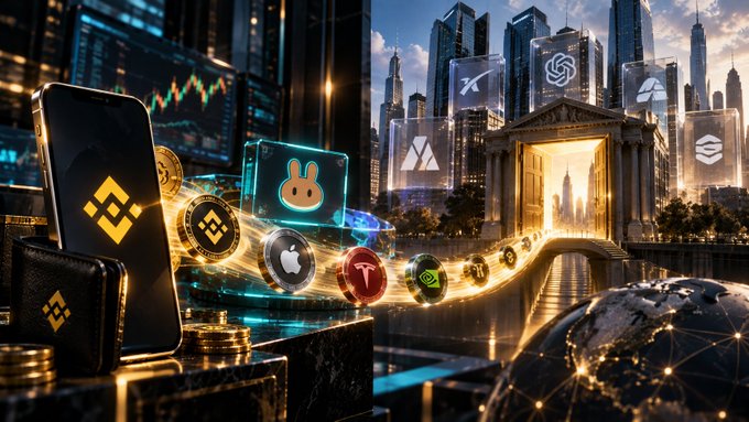 A digital composite image shows various cryptocurrency and tech company logos (including Binance, Apple, and Tesla) floating around a smartphone and cityscape, with a bridge leading to a glowing archway.