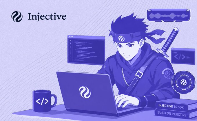 A purple-toned anime-style illustration for 'Injective' depicts a ninja character with a headband and katana working on a laptop, surrounded by floating UI elements, a coffee mug with '<I/>', and books labeled 'INJECTIVE TS SDK' and 'BUILD ON INJECTIVE'.