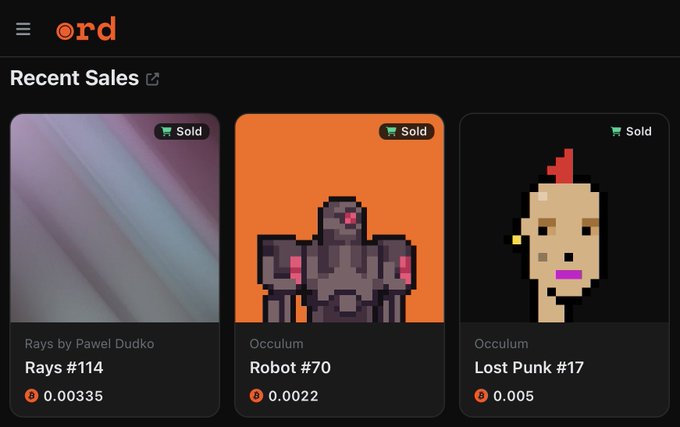 A screenshot of an NFT marketplace (ord) showing "Recent Sales" including "Rays #114 by Pawel Dudko" for 0.00335, "Robot #70 (Occulum)" for 0.0022, and "Lost Punk #17 (Occulum)" for 0.005.