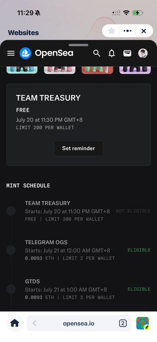 Mobile screenshot of OpenSea.io website showing a 'TEAM TREASURY' free mint scheduled for July 20 at 11:30 PM GMT+8, along with an eligible mint schedule for 'TELEGRAM OGS' and 'GTDS.'
