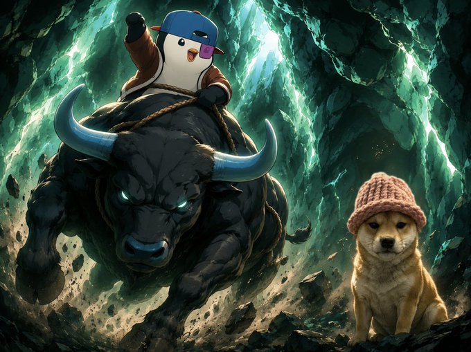 A fantasy-style illustration showing a cartoon penguin wearing a blue cap riding a charging black bull through a glowing green cave, with a small dog wearing a knit beanie watching from the side.