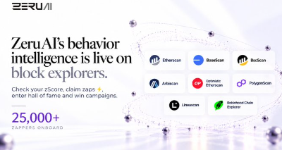 A promotional graphic for ZeruAI announcing 'ZeruAI's behavior intelligence is live on block explorers,' featuring logos of supported networks including Ethereum, BaseScan, RedScan, Arbitrum, Optimistic Ethereum, PolygonScan, LineaScan, and BNB Smart Chain Explorer, with 25,000+ zappers onboard.