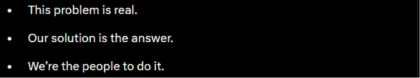 The image displays three bullet points on a black background: "This problem is real," "Our solution is the answer," and "We're the people to do it." The caption and post reinforce a message of confident self-assurance, with the post's commentary ("I'd just prefer being the solution, i won't be needing a written note") aligning with the image's declarative tone of owning both the problem and its fix.